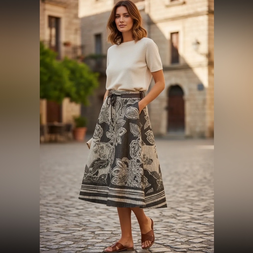 NWT Floral A-Line Skirt in Black and Cream MADE IN ITALY